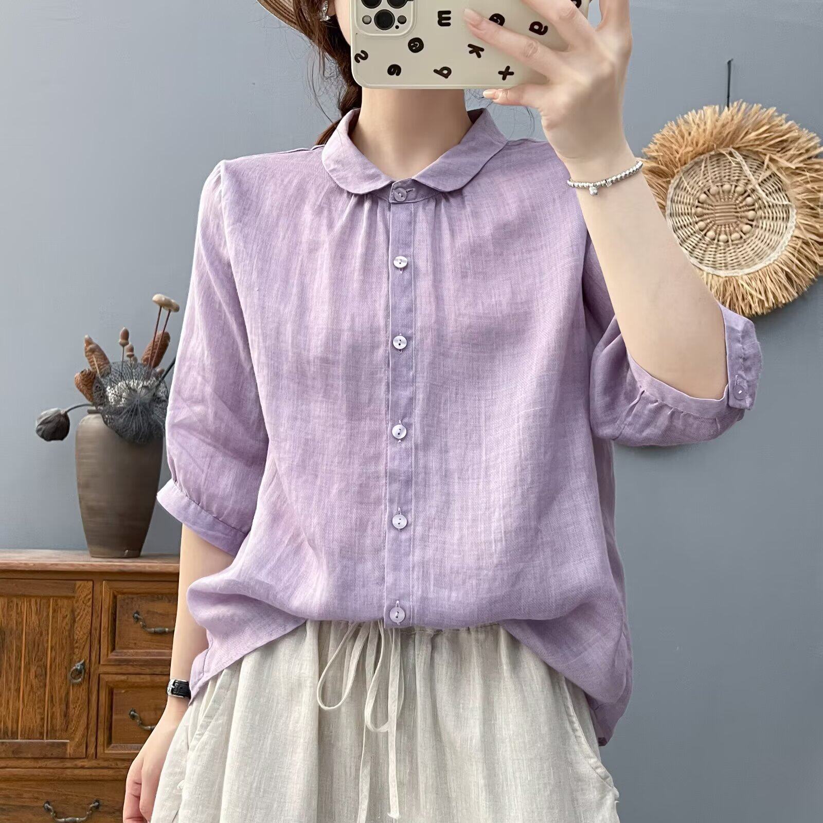 苎麻中袖衬衫女夏薄款凉爽透气纯麻五分袖衬衣复古文艺娃娃领上衣