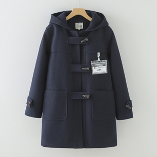 日系软妹学院风可拆卸胸牌夹棉加厚中长款小个子连帽毛呢大衣外套