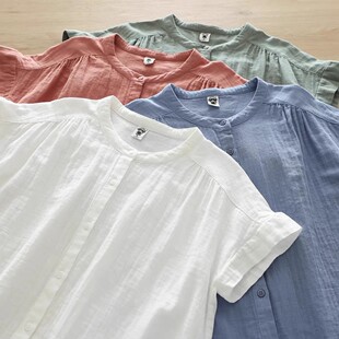 园游会 复古文艺立领纯色双层棉纱无袖小飞袖衬衫女夏宽松衬衣