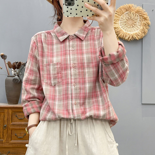 女宽松休闲百搭长袖 2025秋季 子衬衫 复古文艺风格 双层棉纱衬衣 新款