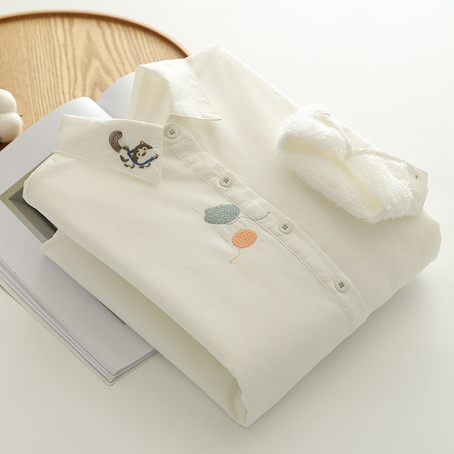 纯棉加绒加厚刺绣猫咪白衬衫女