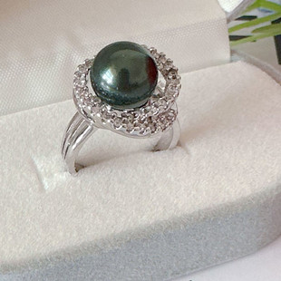 天然母贝黑珍珠戒指女款珍珠10-112MM戒指无暇正圆气质珍珠指