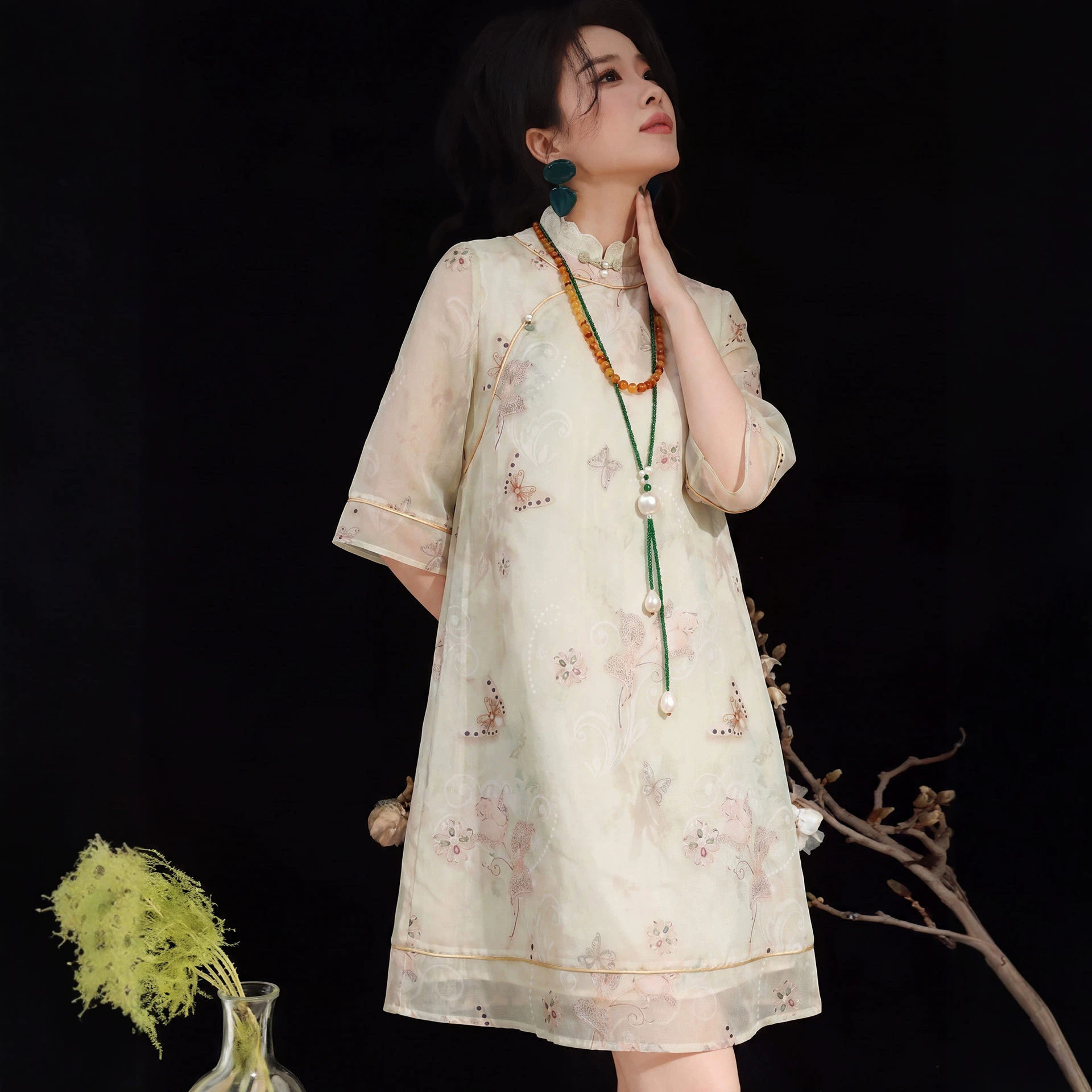 新中式真丝醋酸蝴蝶连衣裙女2026夏季新款复古立领国风改良旗袍裙