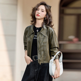 高级感复古翻领短款皮衣女2025秋季军绿色机车夹克外套