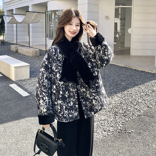 新中式印花羽绒服女短款围巾设计感保暖外套小个子时尚