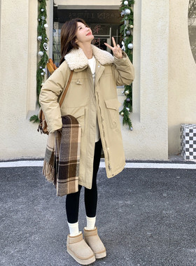 现货！韩系派克服羊羔毛毛领中长款棉服2C212-G206-P235-K358