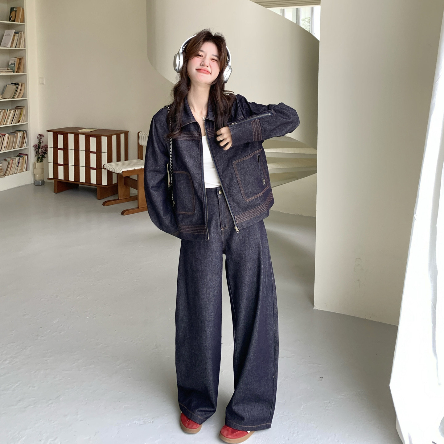 韩式休闲风牛仔夹克阔腿裤两件套女夏季宽松减龄时尚套装