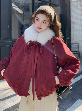 新年红韩系甜美蝴蝶结毛领短款麂皮绒外套F6606-P195-K298