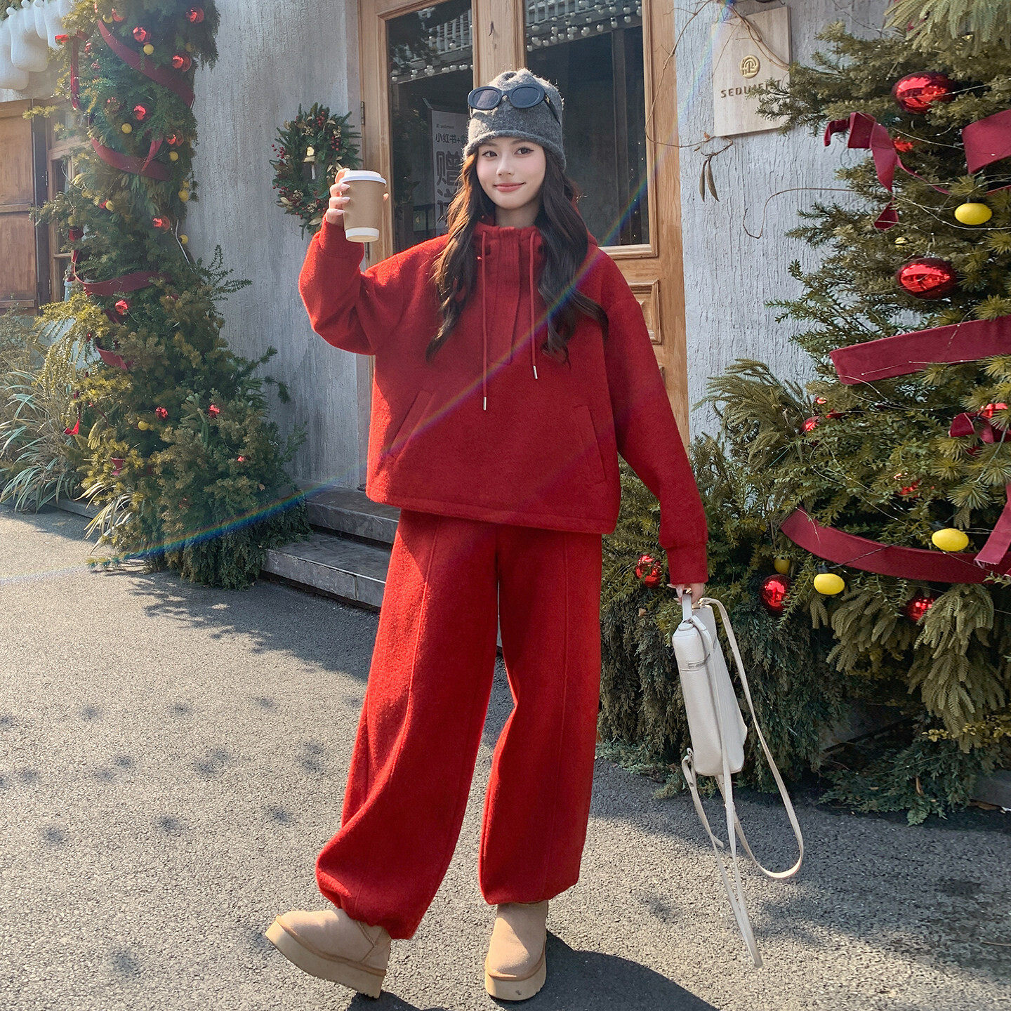 红色连帽卫衣套装女2025冬季新款加厚休闲两件套