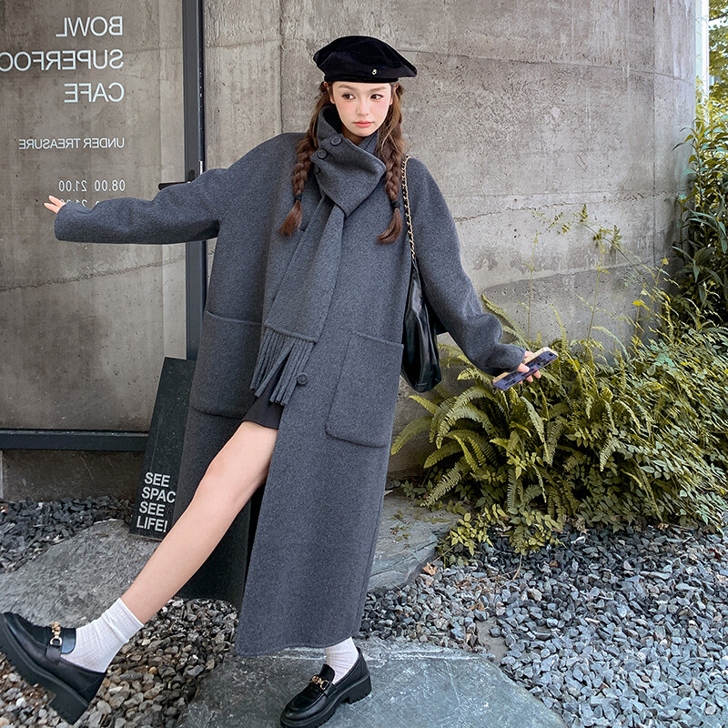 韩系慵懒风双面羊绒大衣女2025秋冬新款灰色长款高级感