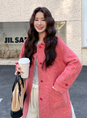 粉红色中长款双面羊毛大衣1C045-H8335P280K428