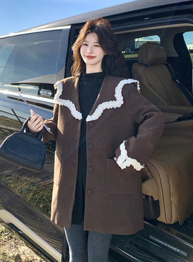 现货：新款设计感拼色花边大翻领咖色羽绒服2C135-8928P275K428