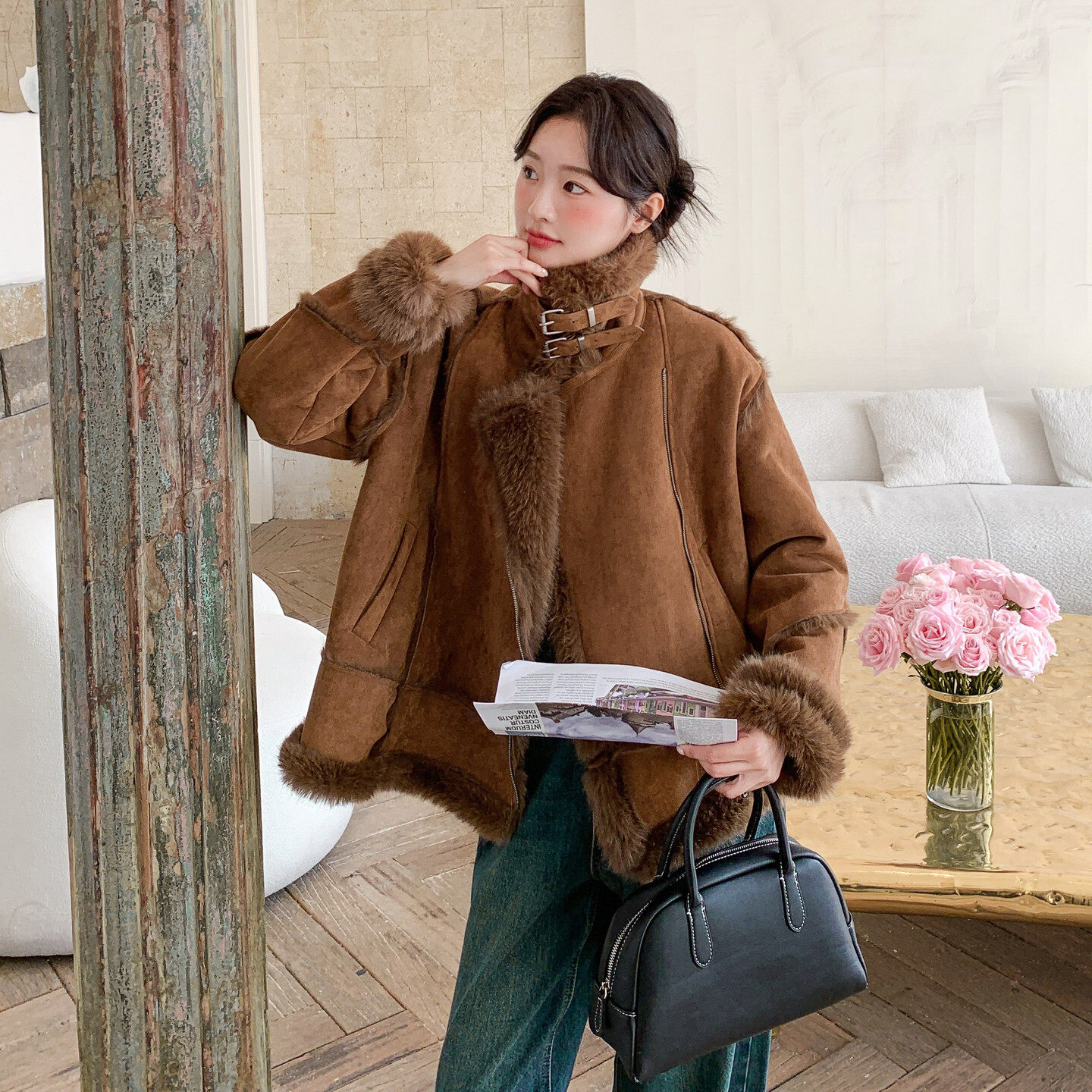 复古风皮毛一体机车短外套女冬季立领加厚保暖羊羔毛绒夹克棉服