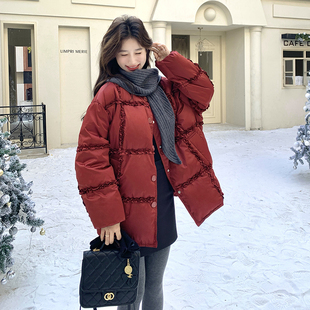 红色木耳边羽绒服女2025冬季中长款白鸭绒保暖外套新年韩系