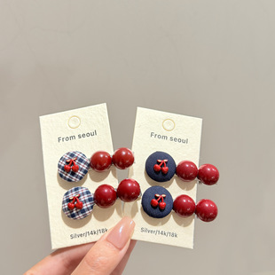 韩国复古格纹樱桃发夹甜美百搭简约可爱侧边刘海碎发夹鸭嘴夹