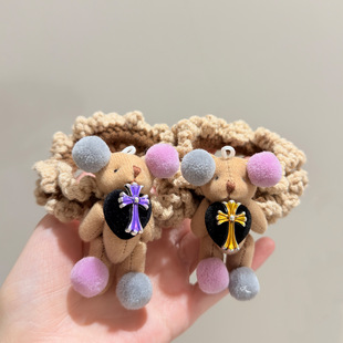 韩国可爱毛绒球球小熊大肠发圈甜美个性毛线编织扎马尾发绳头绳子