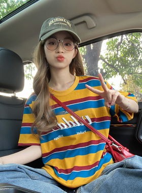 欧若风穿搭橙色条纹短袖t恤女夏季2025新款小众潮牌显白上衣半袖