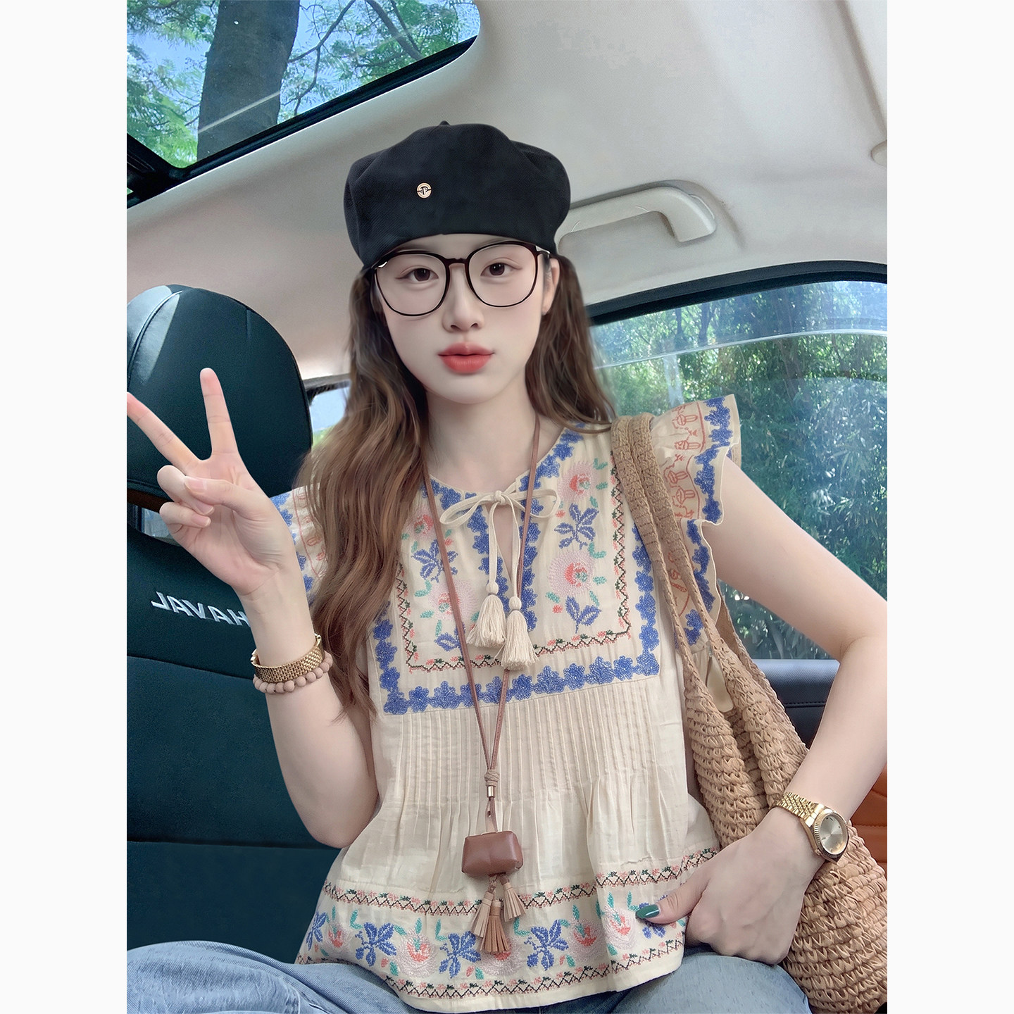 杏色民族风小飞袖正肩短袖衬衫女夏季2026新款小众高级感上衣衬衣图片