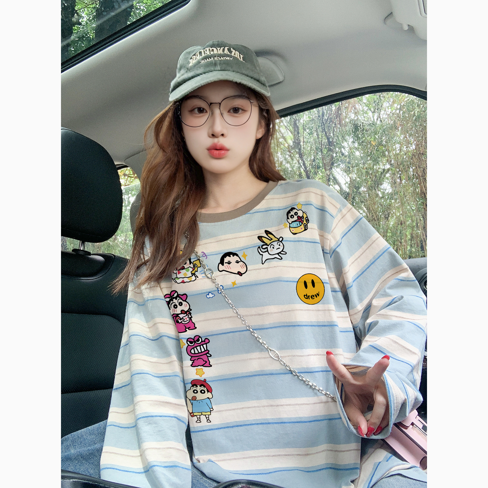 薄款蓝白条纹长袖t恤女秋季2025新款宽松慵懒风防晒罩衫潮牌上衣