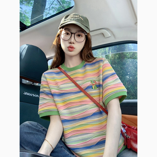 彩色条纹短袖t恤女夏季2026新款复古减龄设计感多巴胺穿搭上衣女