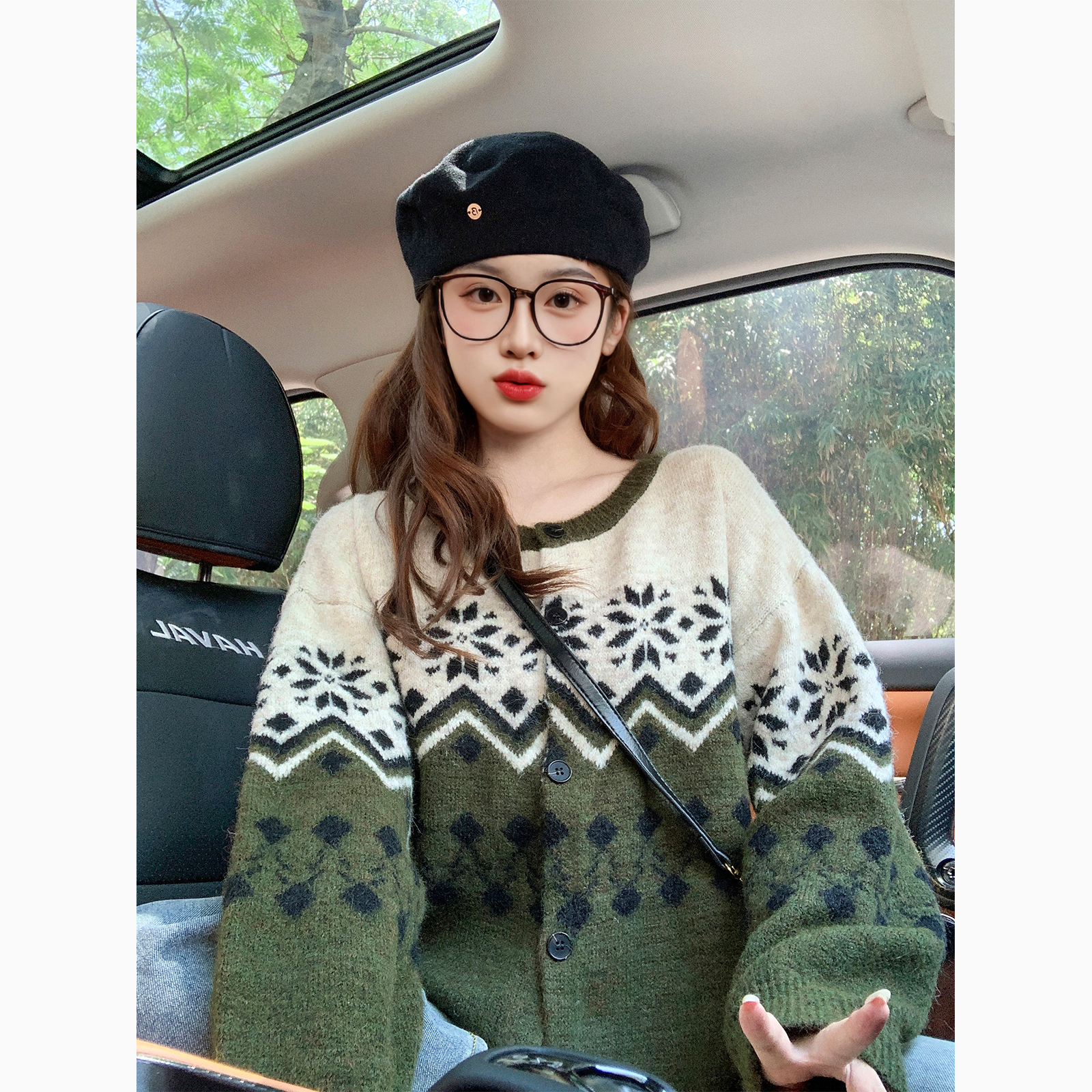 绿色费尔岛潮牌软糯毛衣女早秋2025新款宽松慵懒高级感上衣针织衫