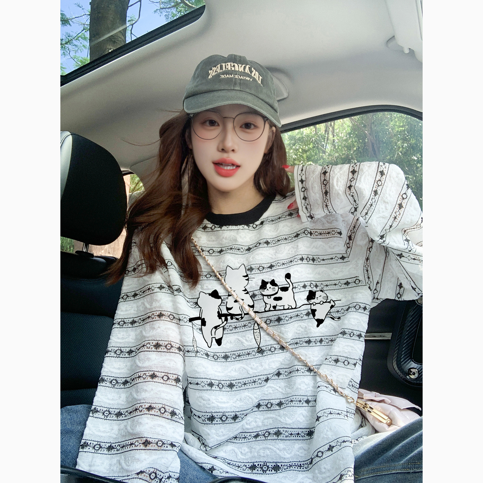 白色蕾丝条纹薄款长袖t恤女秋季2025新款慵懒风潮牌防晒罩衫上衣