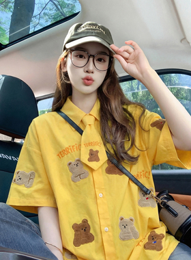 日系多巴胺黄色短袖衬衫女夏季设计感小众别致学院风宽松防晒衬衣