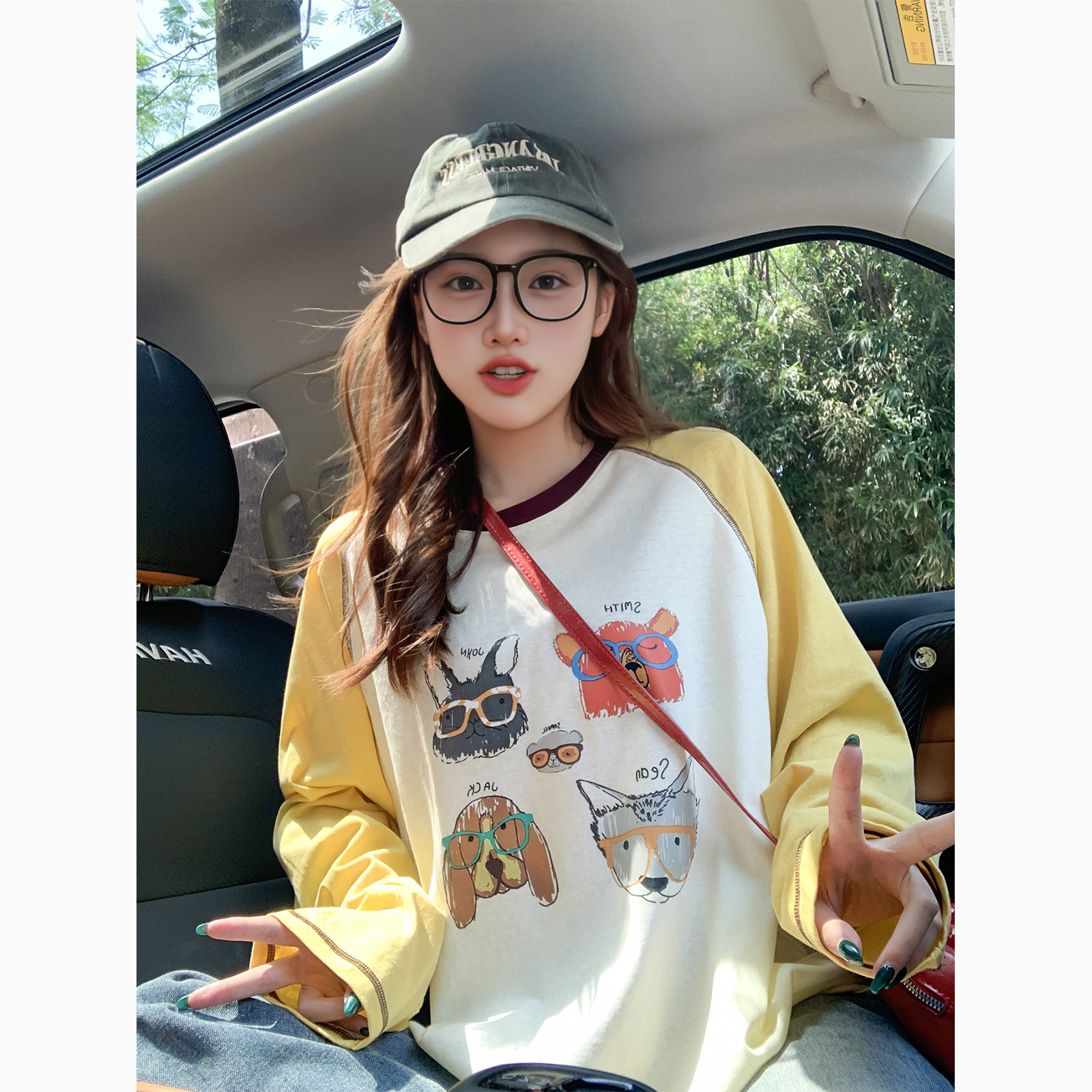 黄白拼接撞色卡通长袖t恤女秋季宽松慵懒风减龄显白潮牌罩衫上衣