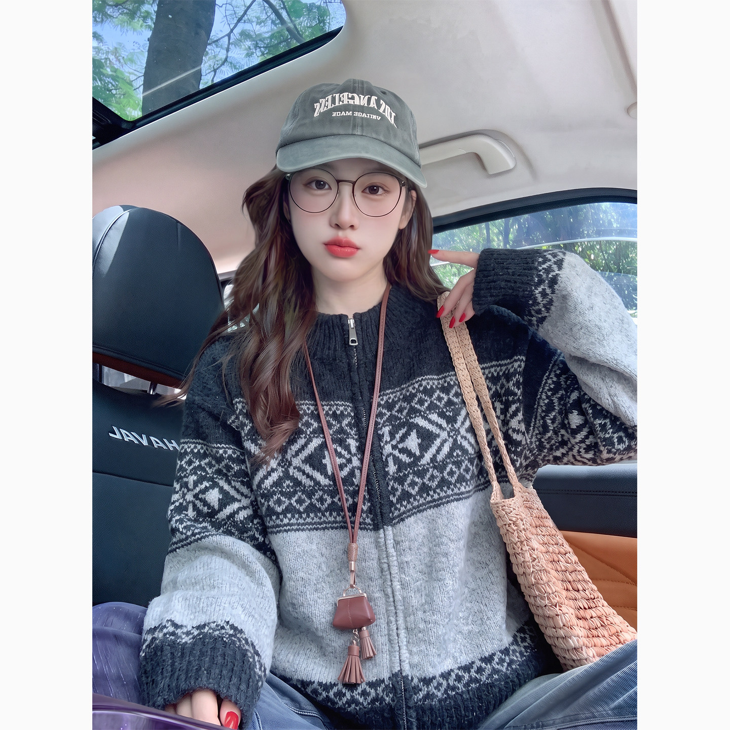 藏蓝色费尔岛提花拉链开衫毛衣外套女秋冬软糯复古宽松百搭针织衫