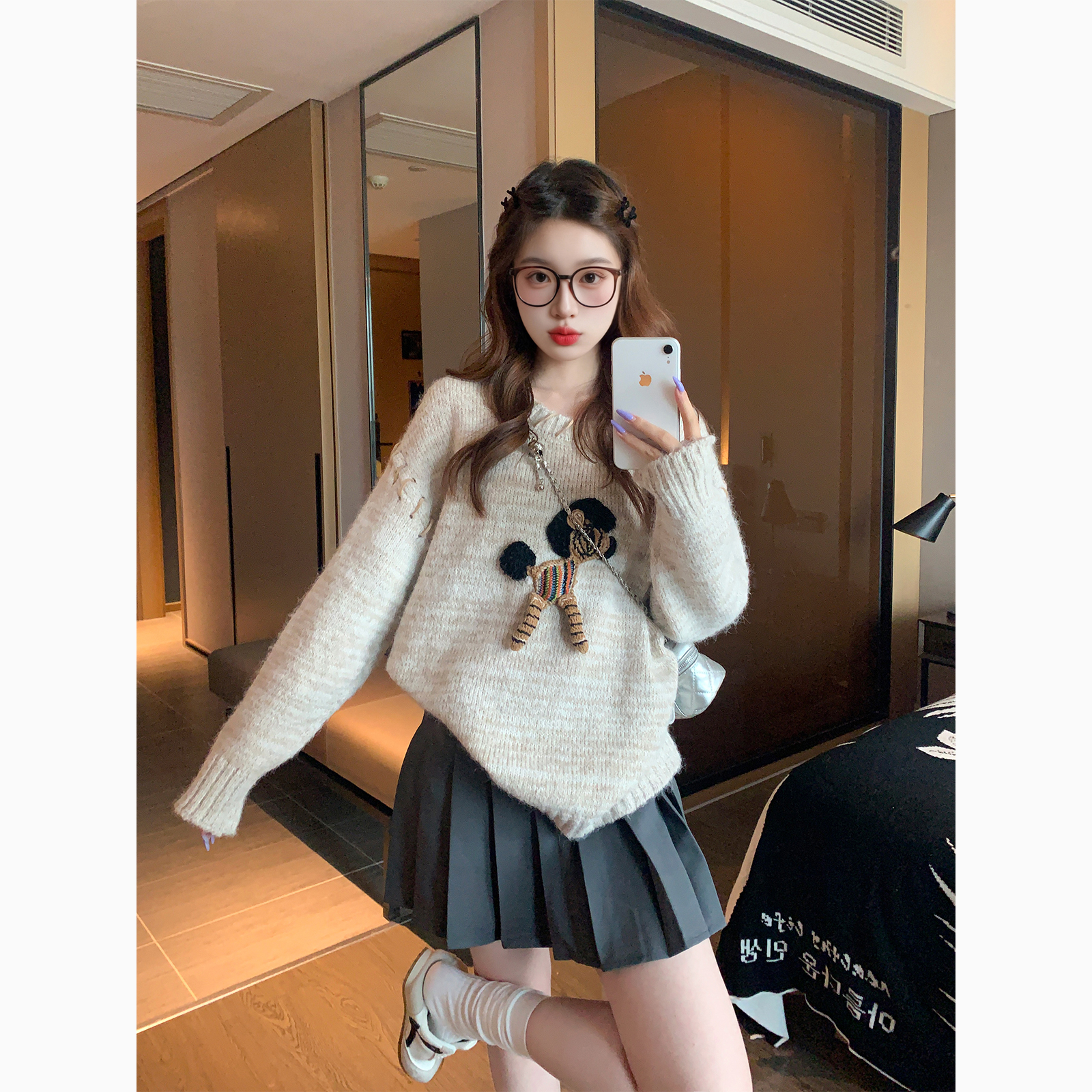 卡通立体马子复古套头毛衣女秋冬小众慵懒高级感减龄针织衫外套女