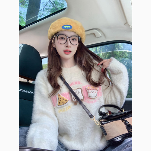 白色卡通图案马海毛毛衣女秋冬2026新款宽松可爱甜美水貂绒针织衫