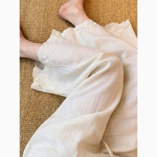 蕾丝花边苎麻休闲裤女夏季高腰显瘦小个子阔腿裤温柔风白色裤子女