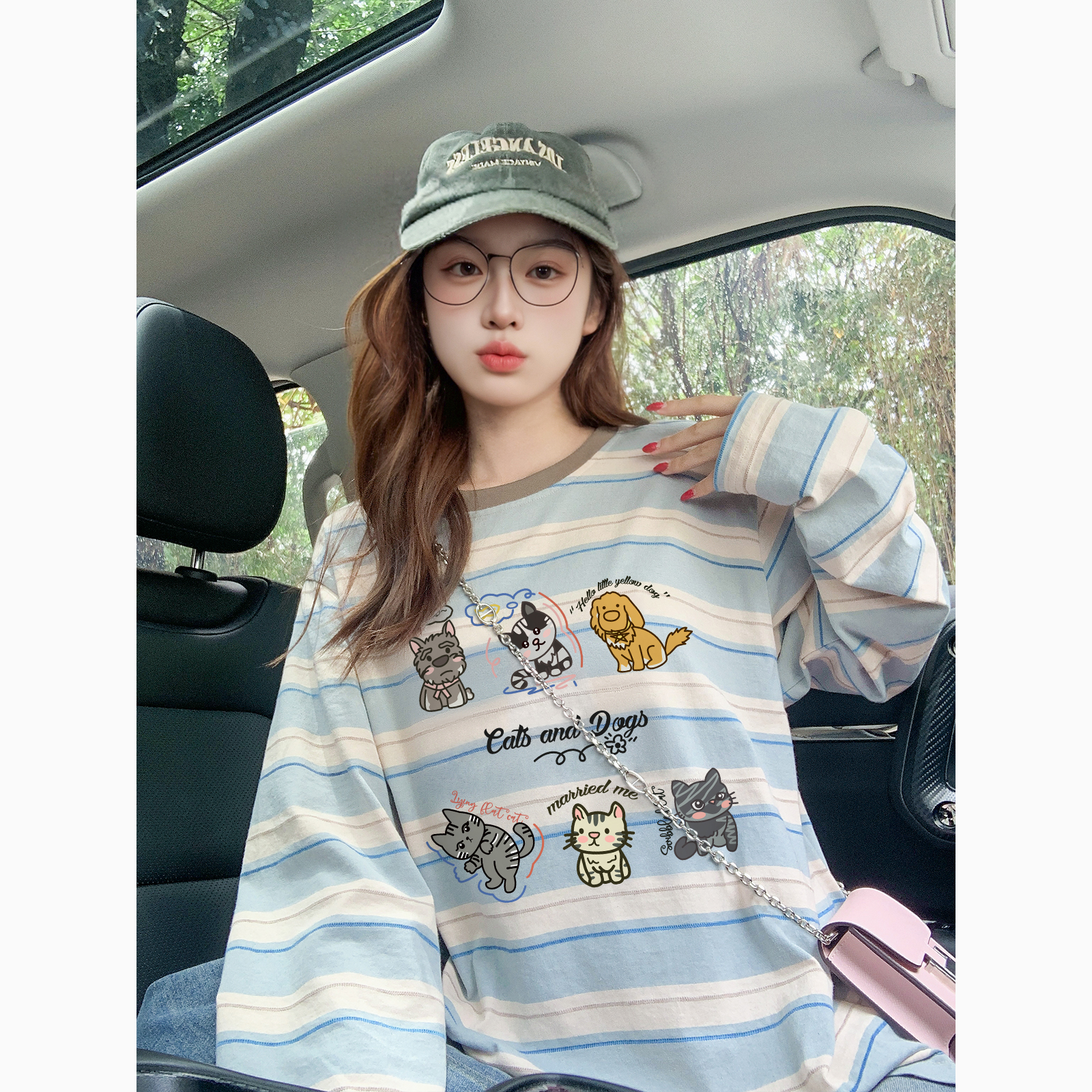 薄款可爱卡通长袖t恤女秋季小众宽松慵懒风潮牌条纹防晒罩衫上衣