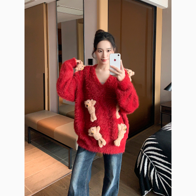 红色圣诞穿搭毛绒绒加厚毛衣女冬季软糯慵懒高级感水貂绒针织外套