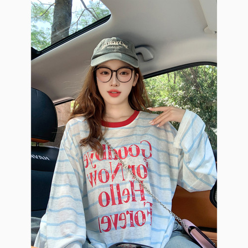 白色条纹潮牌长袖t恤女秋季2025新款宽松慵懒风减龄防晒罩衫上衣