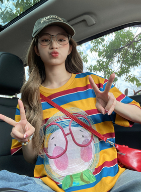 欧货潮牌橙色条纹短袖t恤女夏季2025新款宽松显瘦显白潮牌上衣半t