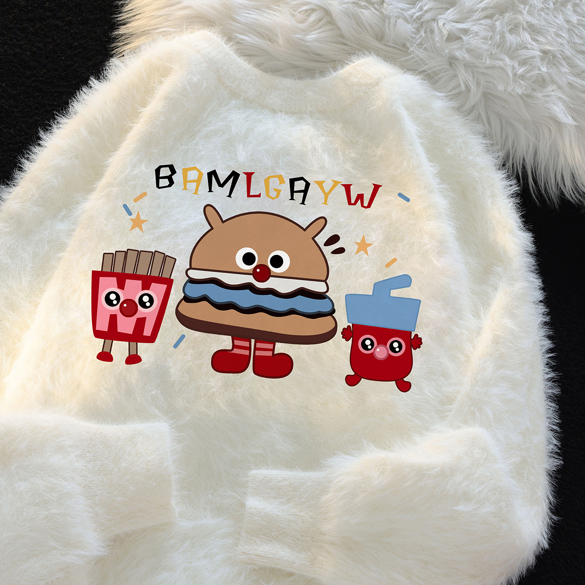 米白色水貂绒加厚毛衣女秋冬2025新款宽松慵懒松弛感卡通针织上衣