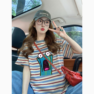 卡通风条纹短袖T恤女夏季2026新款可爱印花减龄慵懒高级感上衣女
