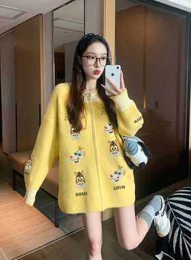 黄色卡通满印潮牌开衫毛衣女秋冬小众宽松慵懒高级感加厚针织外套
