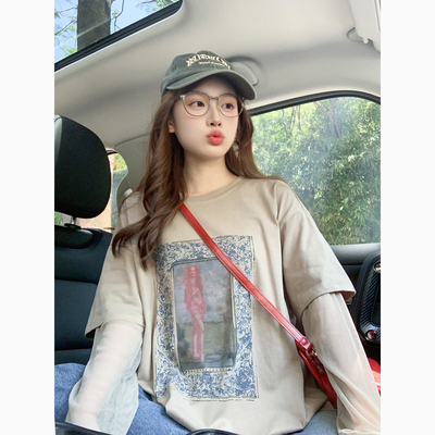 咖啡色蕾丝薄款长袖t恤女夏季宽松慵懒风减龄显瘦防晒罩衫上衣女