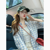 蓝色格子轻薄防晒长袖 宽松高级感减龄显瘦外套 2026新款 衬衫 女春季