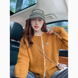 甜美风蕾丝花边针织开衫女秋季2026新款橘色显瘦减龄复古毛衣上衣
