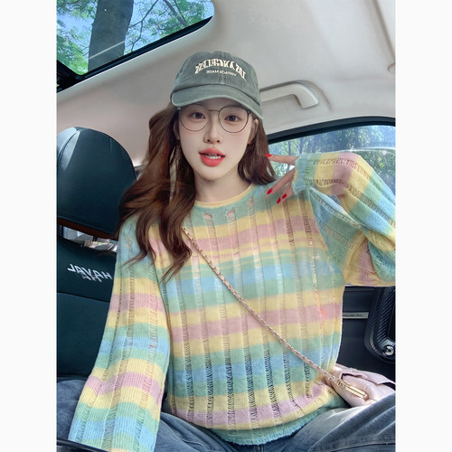 韩版彩虹条纹镂空针织毛衣女秋季宽松轻薄防修身显瘦防晒罩衫上衣