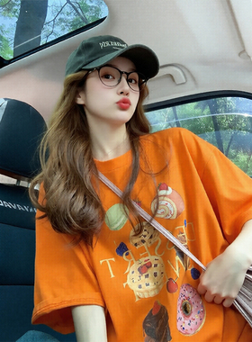 橙色卡通可爱印花潮牌纯棉短袖t恤女夏季2026新款宽松减龄上衣女