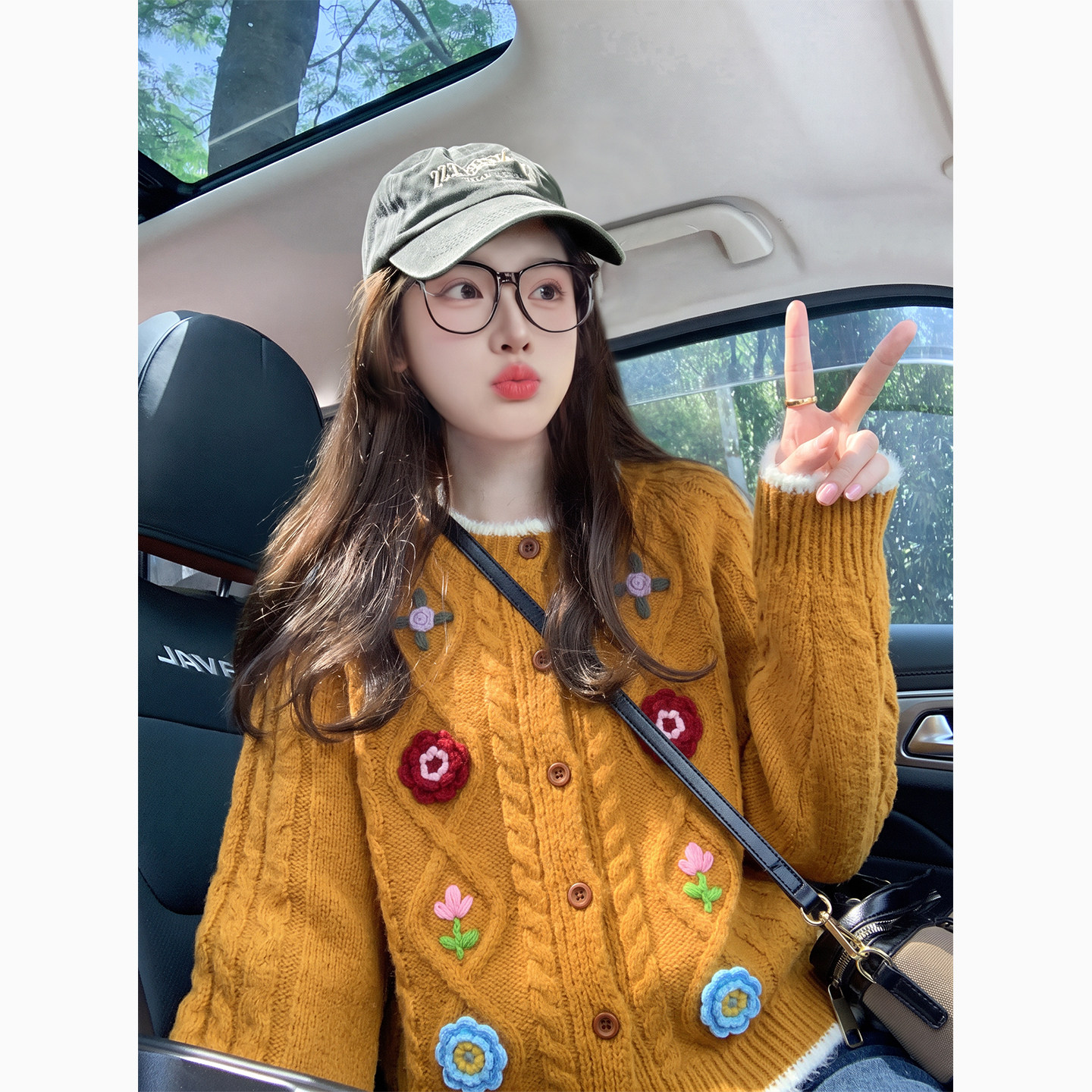 桔色立体花朵重工针织开衫外套女秋季温柔软糯麻花编织毛衣上衣女
