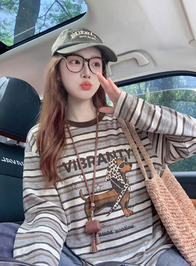 美式复古条纹长袖t恤女秋季2026新款卡通印花宽松防晒罩衫上衣女