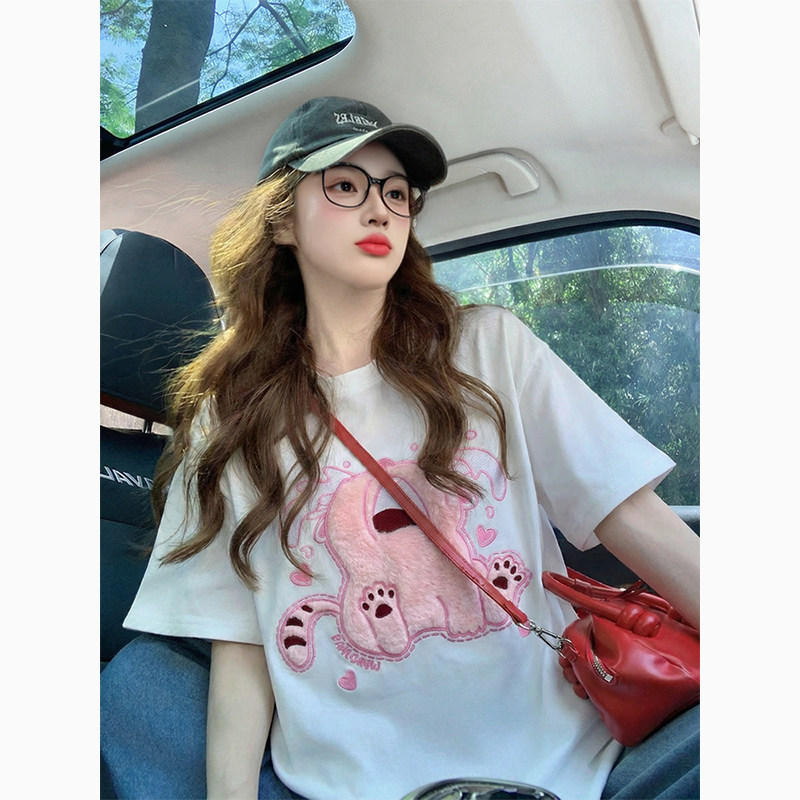 白色3D立体卡通小猫绣花短袖t恤女夏季2026新款宽松可爱减龄上衣