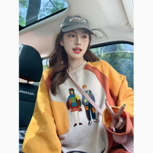欧货潮牌卡通印花套头卫衣女早秋2026新款宽松慵懒风撞色上衣外套