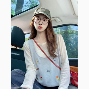 蓝色卡通刺绣假两件长袖t恤女2026新款夏季减龄轻薄防晒罩衫上衣