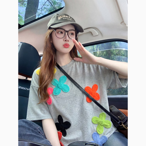 重工彩色花朵短袖T恤女夏季2026新款宽松减龄设计感纯棉上衣体恤